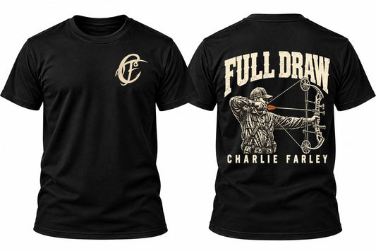 Charlie Farley Full Draw black T-shirt front and back